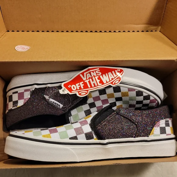 NEW Vans Asher Glitter Checkerboard Slip-On Low Top Sneakers Missy Girls Size 4 - Picture 9 of 9